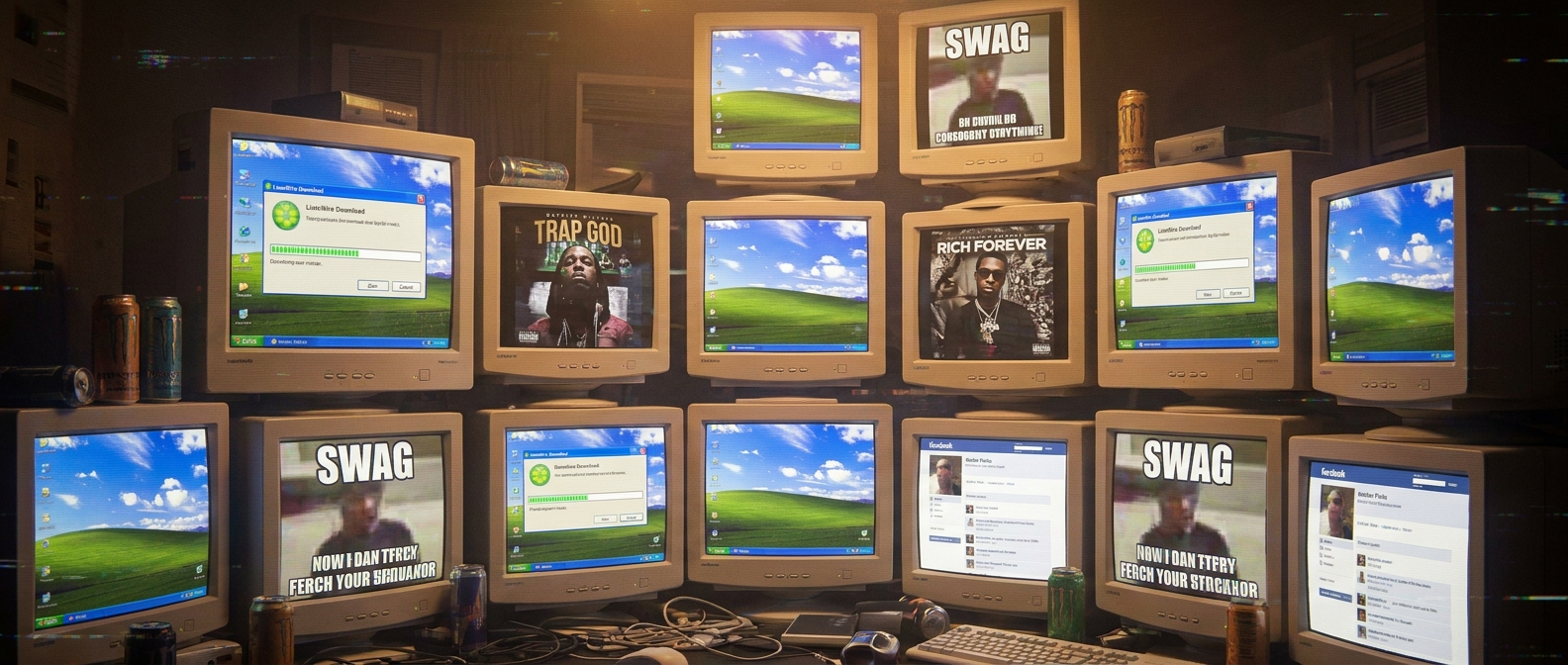 Recovered CRT monitor room showing old internet artifacts and swag references.